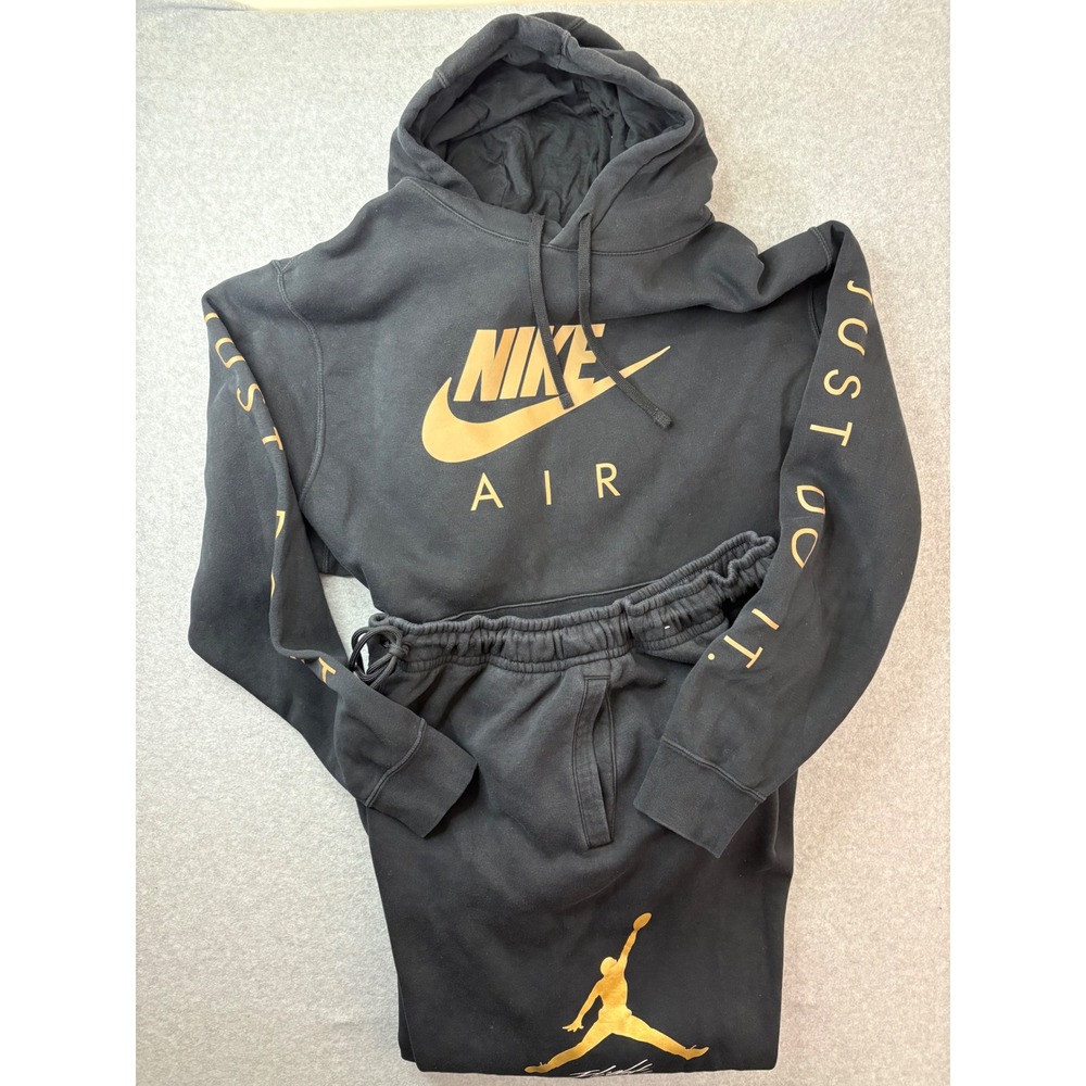 Nike Air Hoodie XXL & Jordan Flight Sweatpants 3XL Black Gold Mens Tracksuit - Picture 11 of 12